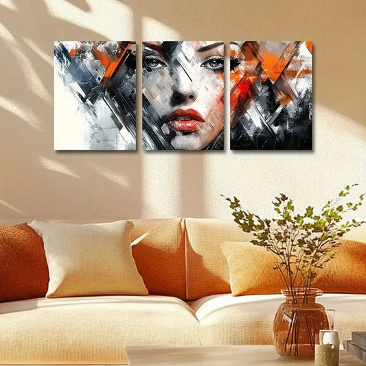 3pcs Abstract Woman Portrait with Bold Geometric Metal Print Ready to Hang Art