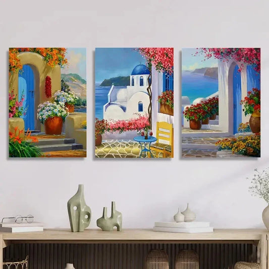 3pcs Santorini Greece landscape painting Metal Print Ready to Hang Art