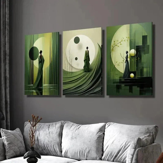 3pcs Abstract Olive Green & a Women Wall Art Set Canvas Framed 40x60cm - High Quality Print 100% Australian Made Wall Canvas Ready to Hang