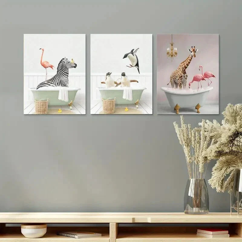 3pcs Modern Animals in the Bathtub Metal Print Ready to Hang Art
