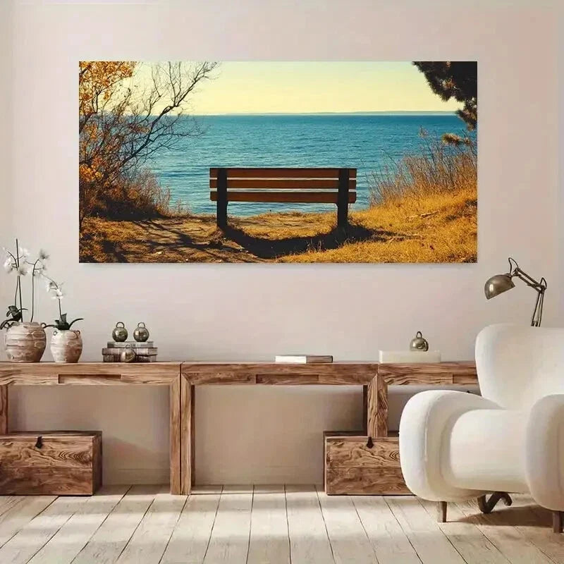 Lone Wooden Bench Beach wall canvas office home room framed 120x60cm