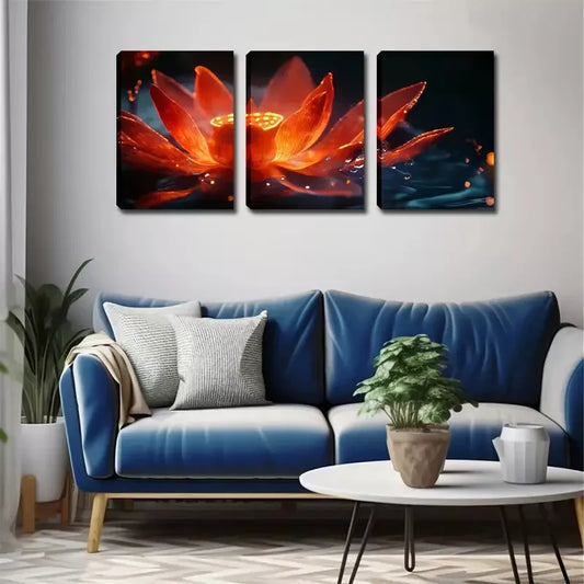 3pcs Vibrant Red Lotus Flower with Golden Accent Wall Art Set Canvas Framed 40x60cm - High Quality Print 100% Australian Made Wall Canvas Ready to Hang