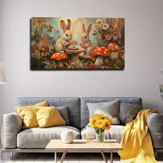 Charming Rabbit & Mushroom Tea Wall Art Canvas Office Home Room Framed 120x60cm