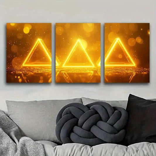 3pcs Glowing Yellow Triangle Design Metal Print Ready to Hang Art