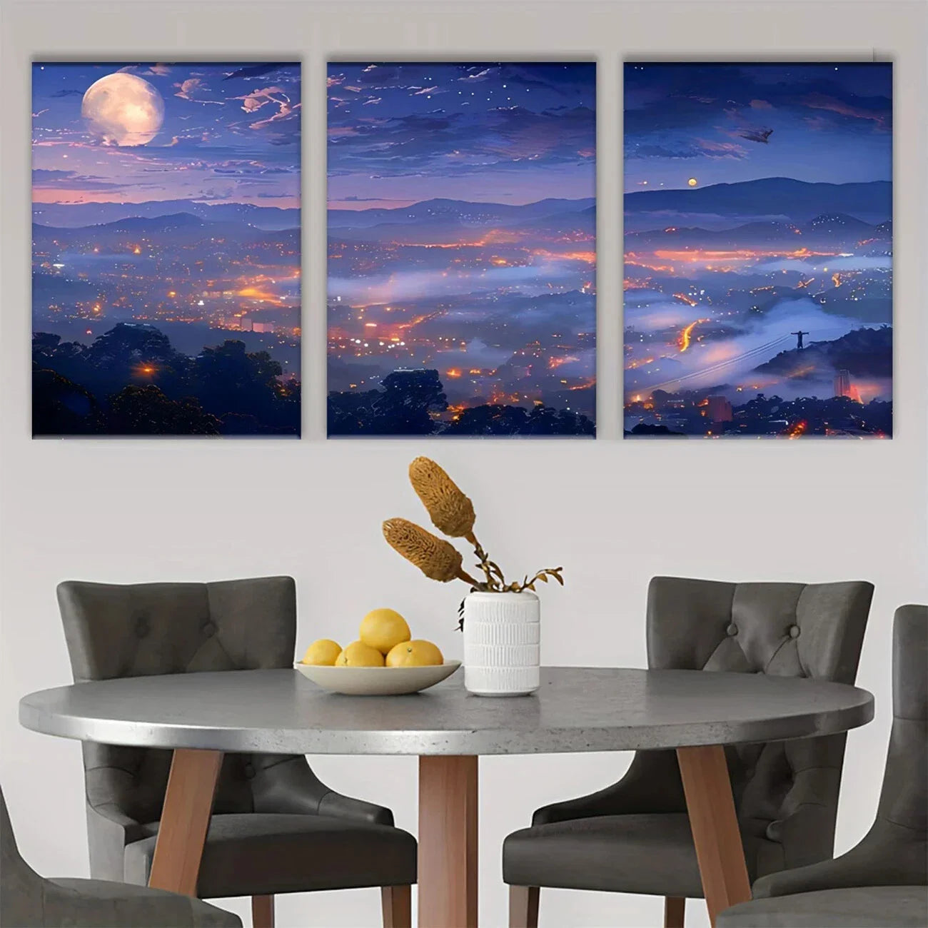 3pcs Moonlit Town Nature Colorful Metal Print Ready to Hang Art