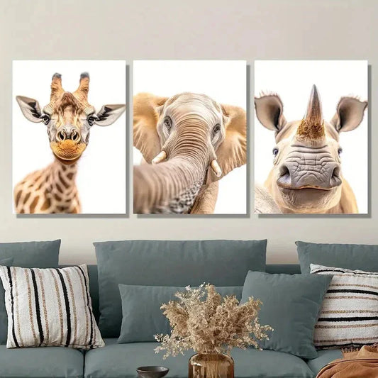 3pcs Curious animals close up on white background Metal Print Ready to Hang Art