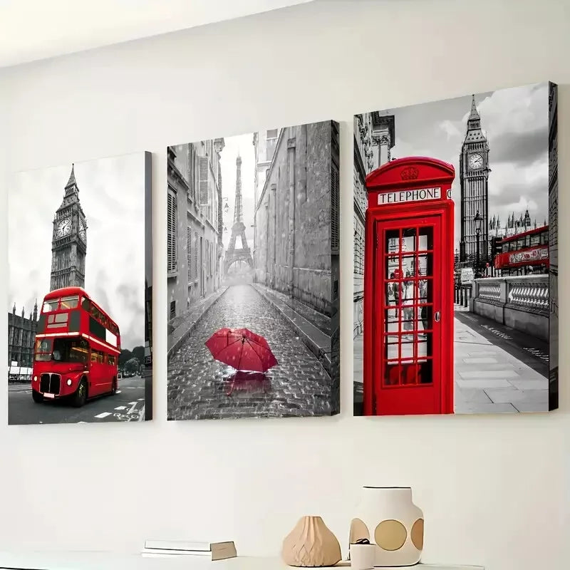 3pcs Featuring London and Paris Street Scenes Wall Art Set Canvas Framed 40x60cm - High Quality Print 100% Australian Made Wall Canvas Ready to Hang