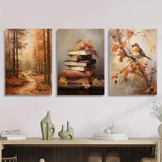 3pcs European Realistic Autumn Scenery, Metal Print Ready to Hang Art