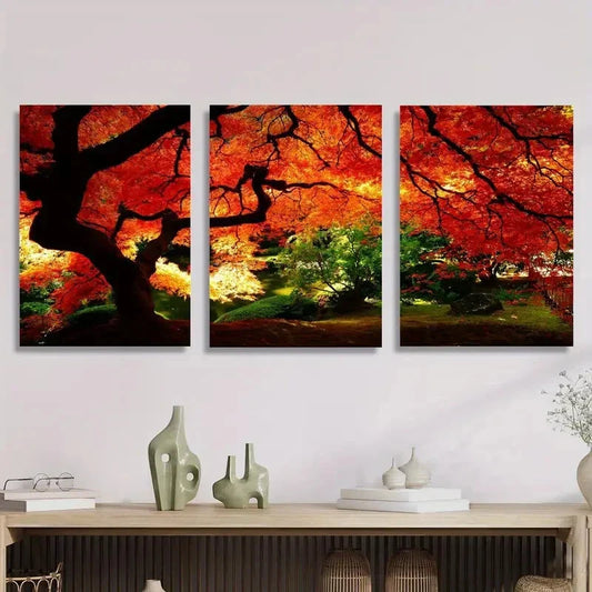 3pcs y the beautiful golden red leaves Metal Print Ready to Hang Art