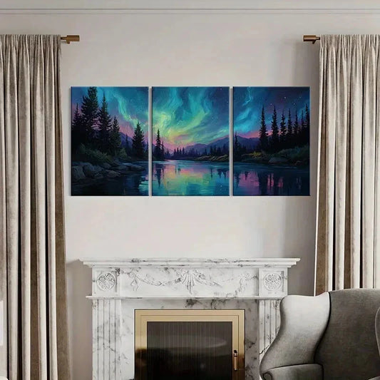 3pcs Serene Night Sky & Pine Tree Landscape Metal Print Ready to Hang Art