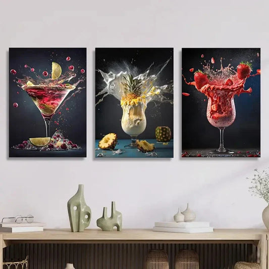3pcs ,Abstract lemon pineapple strawberry splash Metal Print Ready to Hang Art