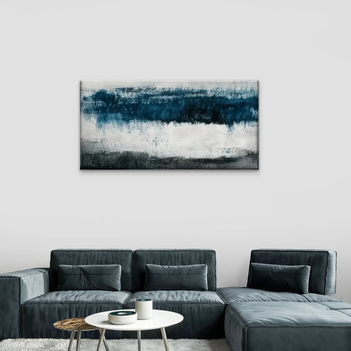 Blue White Abstract Wall Art Canvas Office Home Room Framed 80x45cm