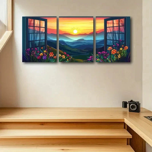 3pcs Modern Window View with Colorful Flowers Metal Print Ready to Hang Art