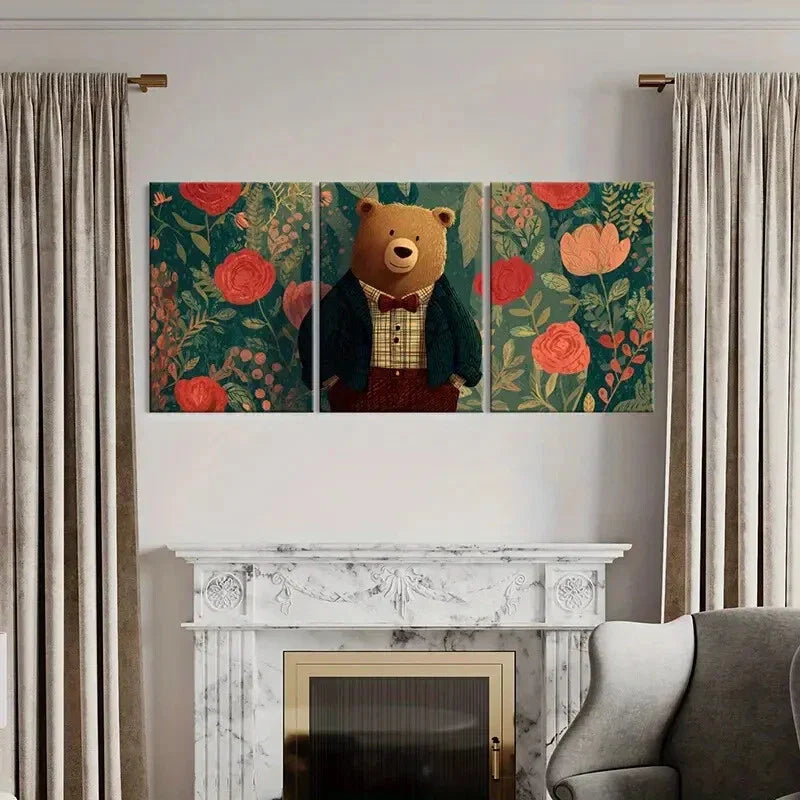3pcs Elegant Bear In Suit Floral Background Metal Print Ready to Hang Art
