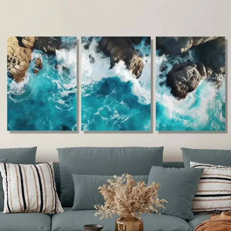 3pcs Vibrant Blue Ocean Waves Seaside Scenery Metal Print Ready to Hang Art