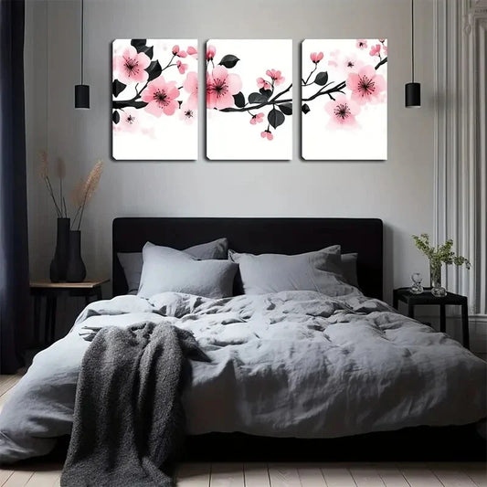 3pcs Pink Floral Design with Black Stamens Metal Print Ready to Hang Art