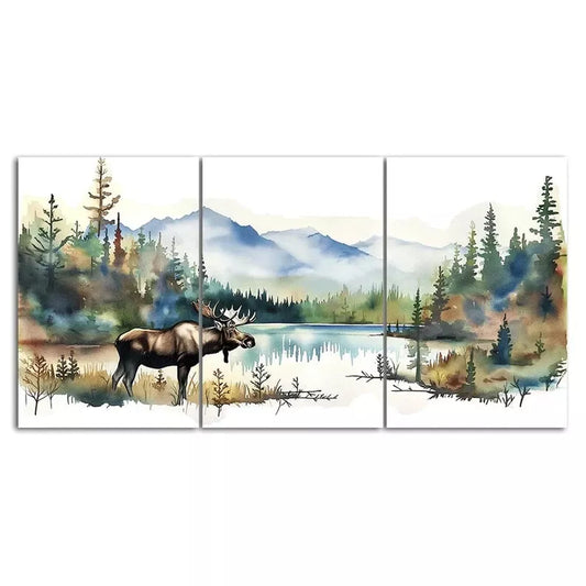 Watercolor Moose 3 Piece Canvas Framed 40x60cm - High Quality Print 100% Australian Made Wall Canvas Ready to Hang