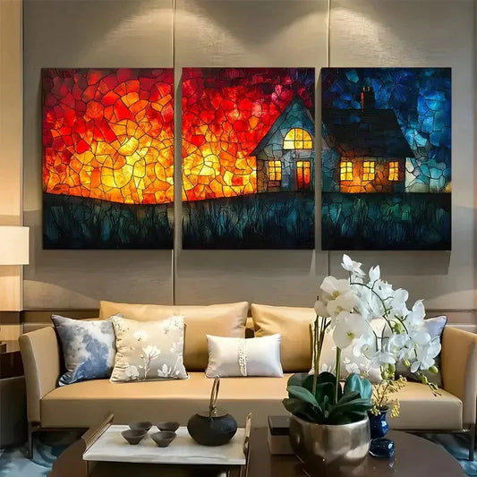 3pcs Vibrant Stained Glass Cottage On Fire Metal Print Ready to Hang Art