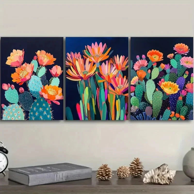 3pcs Vibrant Cactus Night Garden Wall Art Set Canvas Framed 40x60cm - High Quality Print 100% Australian Made Wall Canvas Ready to Hang