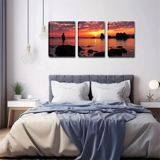 3pcs Person Standing by The Coast And Watching Wall Art Set Canvas Framed 40x60cm - High Quality Print 100% Australian Made Wall Canvas Ready to Hang