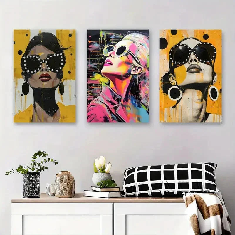 3pcs Stylish Women with Bold Fashion Glasses Metal Print Ready to Hang Art