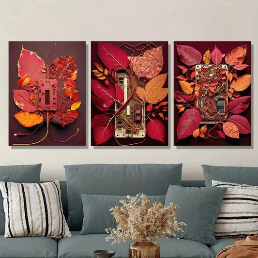 3pcs Red circuit board with leaves, Metal Print Ready to Hang Art