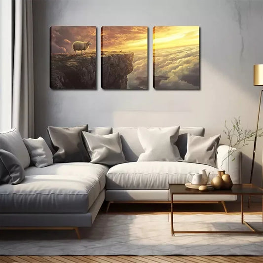 3pcs Sheep on Cliff, Wall Art Set Canvas Framed 40x60cm - High Quality Print 100% Australian Made Wall Canvas Ready to Hang