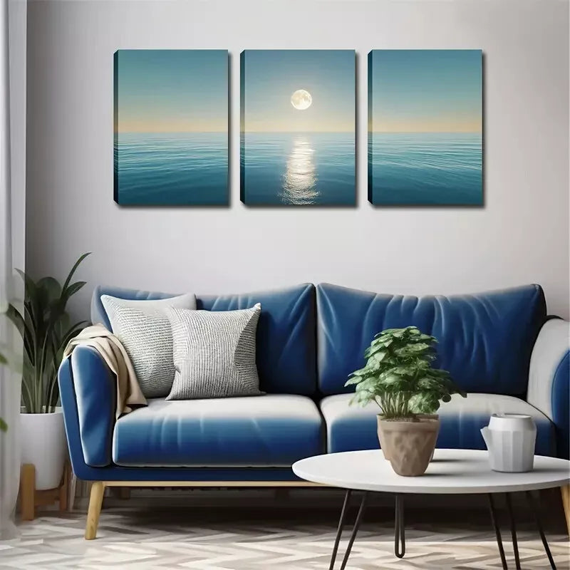 3pcs Round Moon On The Sea Level Wall Art Set Canvas Framed 40x60cm - High Quality Print 100% Australian Made Wall Canvas Ready to Hang