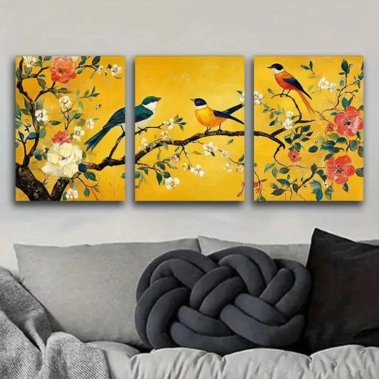 3pcs Tree of Life Adorned with Birds and Flowers Metal Print Ready to Hang Art