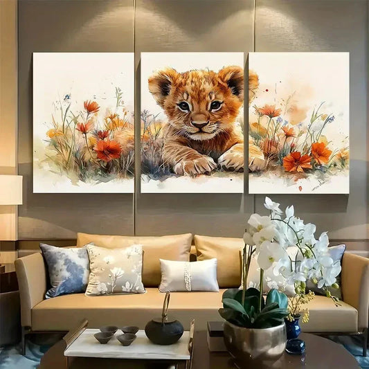 3pcs Lion Cub Playing in Wildflowers Design Metal Print Ready to Hang Art