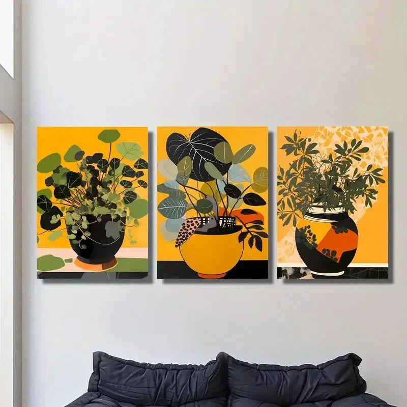 3pcs Green leaves painting, plant pot, Metal Print Ready to Hang Art