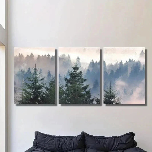 3pcs Misty mountain forest, forest art, Metal Print Ready to Hang Art