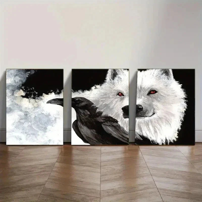3pcs White Wolf and Black Crow Painting Print Metal Print Ready to Hang Art