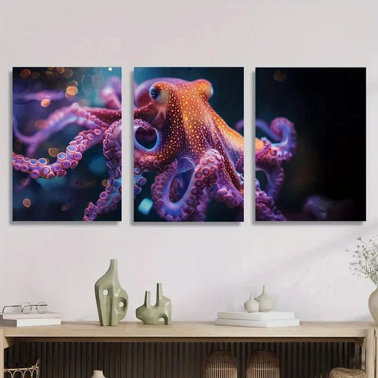 3pcs Octopus with Purple And Yellow Tentacles Metal Print Ready to Hang Art