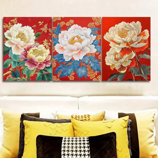 3pcs Peony flower painting Wall Art Set Canvas Framed 40x60cm - High Quality Print 100% Australian Made Wall Canvas Ready to Hang