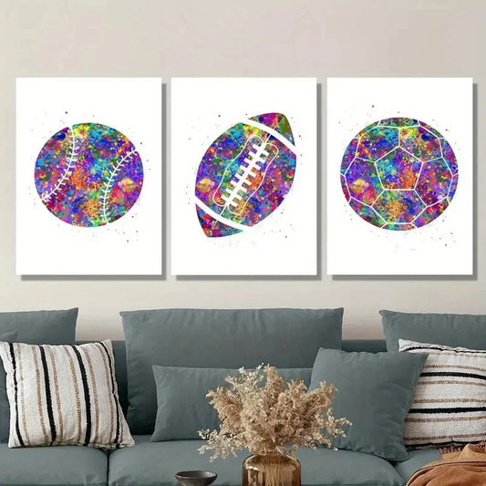 3pcs Watercolor Rainbow Football Art Metal Print Ready to Hang Art