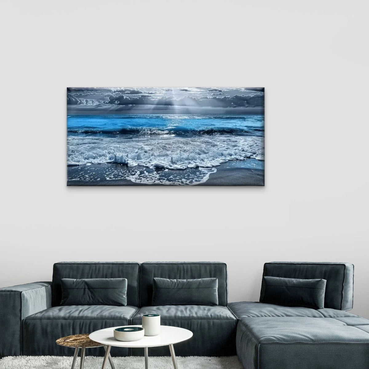 Beach Waves Sand Blue Wall Art Canvas Office Home Room Framed 80x45cm