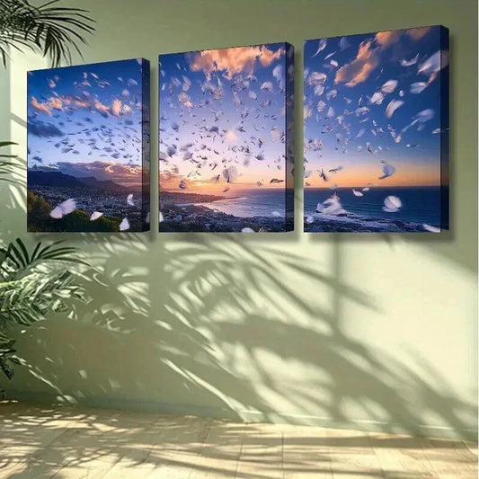3pcs Sunset in Cape Town & White Feathers Wall Art Set Canvas Framed 40x60cm - High Quality Print 100% Australian Made Wall Canvas Ready to Hang