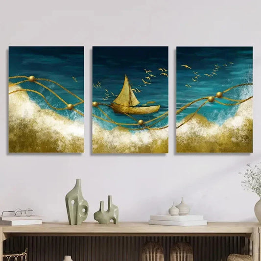 3pcs Ocean scenery, golden sailboat, smooth sail Metal Print Ready to Hang Art