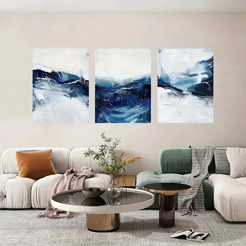 3pcs Blue & White Abstract Wave Metal Print Ready to Hang Art