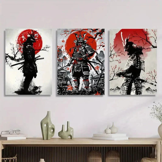 3pcs Japanese style, samurai, sun, ink painting Metal Print Ready to Hang Art