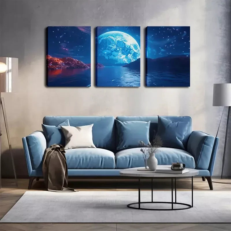 3pcs Large Moon On The Sea Level Wall Art Set Canvas Framed 40x60cm - High Quality Print 100% Australian Made Wall Canvas Ready to Hang