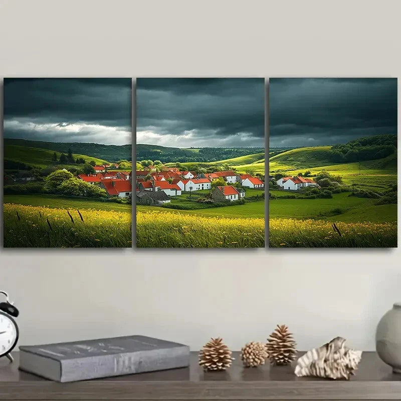 3pcs A little village with red roofs Wall Art Set Canvas Framed 40x60cm - High Quality Print 100% Australian Made Wall Canvas Ready to Hang
