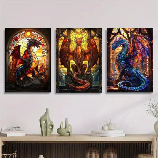 3pcs Abstract Stained Glass Dragon Mythical Metal Print Ready to Hang Art