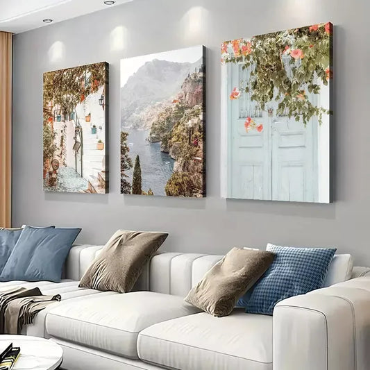 3pcs Mediterranean Positano Amalfi Coast Canvas Framed 40x60cm - High Quality Print 100% Australian Made Wall Canvas Ready to Hang