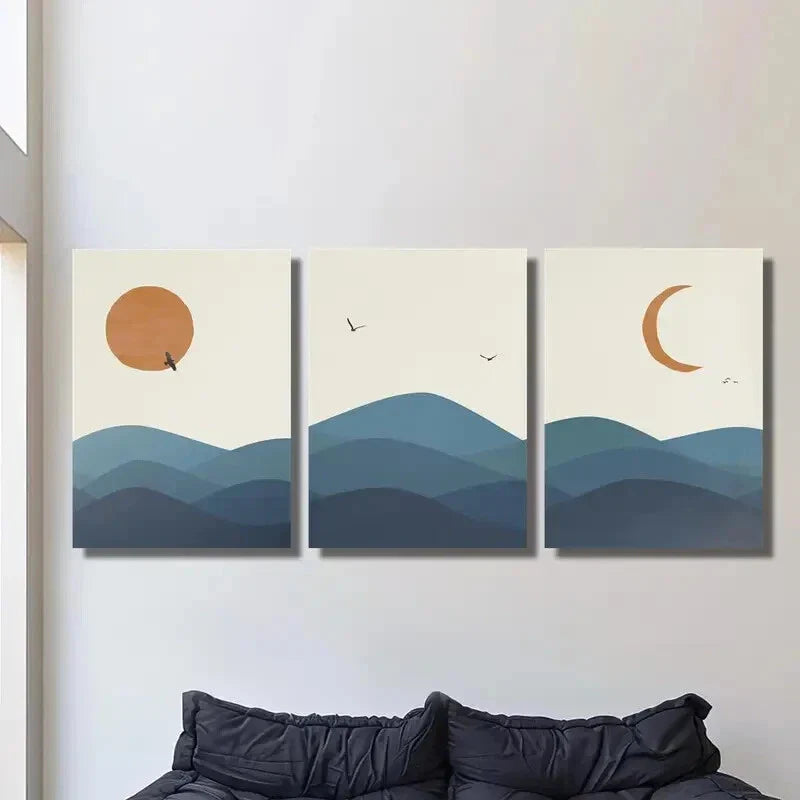 3pcs Sunset & Moon Mountain Blue Mountain Metal Print Ready to Hang Art