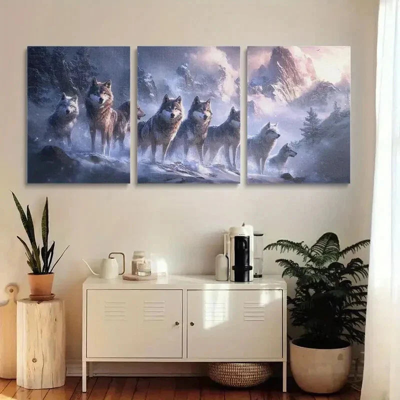 3pcs Majestic Wolves in Misty Mountains Metal Print Ready to Hang Art