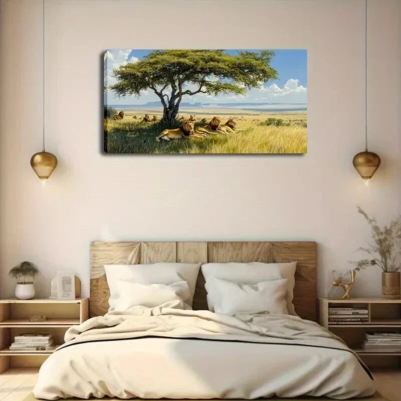 Majestic Lion Under Tree Modern Wall Art Canvas Office Home Room Framed 120x60cm