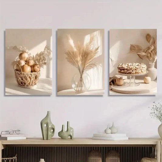 3pcs Dried Flowers in Vase, Warm Art, Fruits, Metal Print Ready to Hang Art