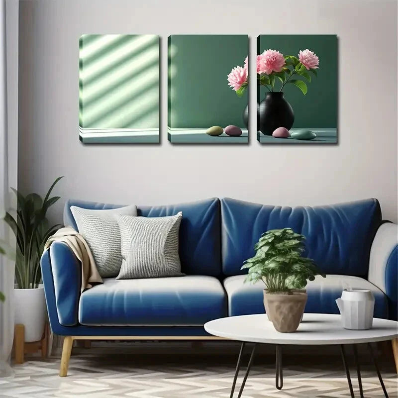 3pcs Sun Windowsill Peony Vase Realistic Perfect Wall Art Set Canvas Framed 40x60cm - High Quality Print 100% Australian Made Wall Canvas Ready to Hang